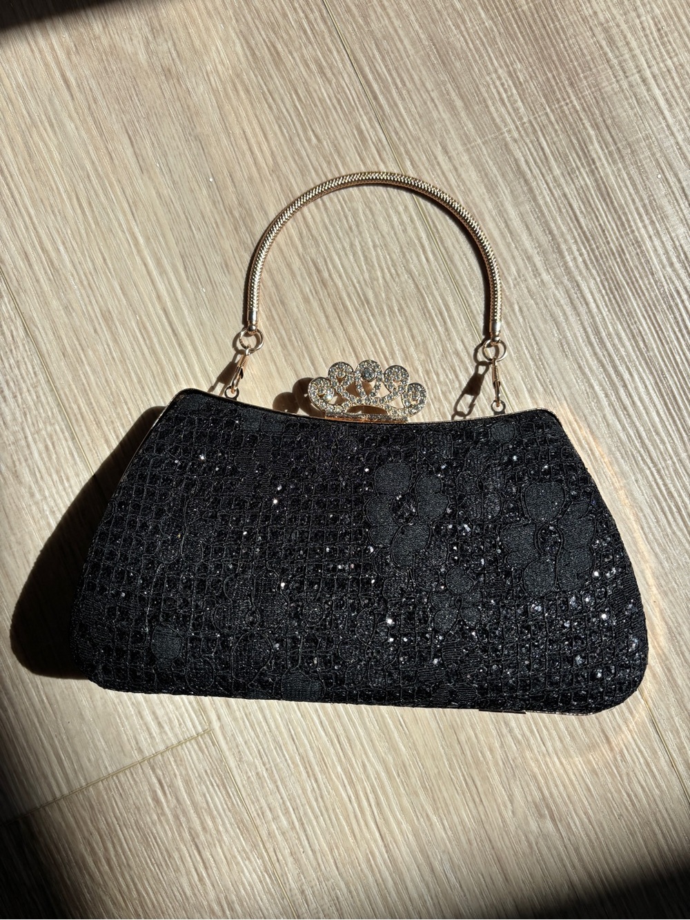 Black lace sparkle Evening Clutch with Gold Handle